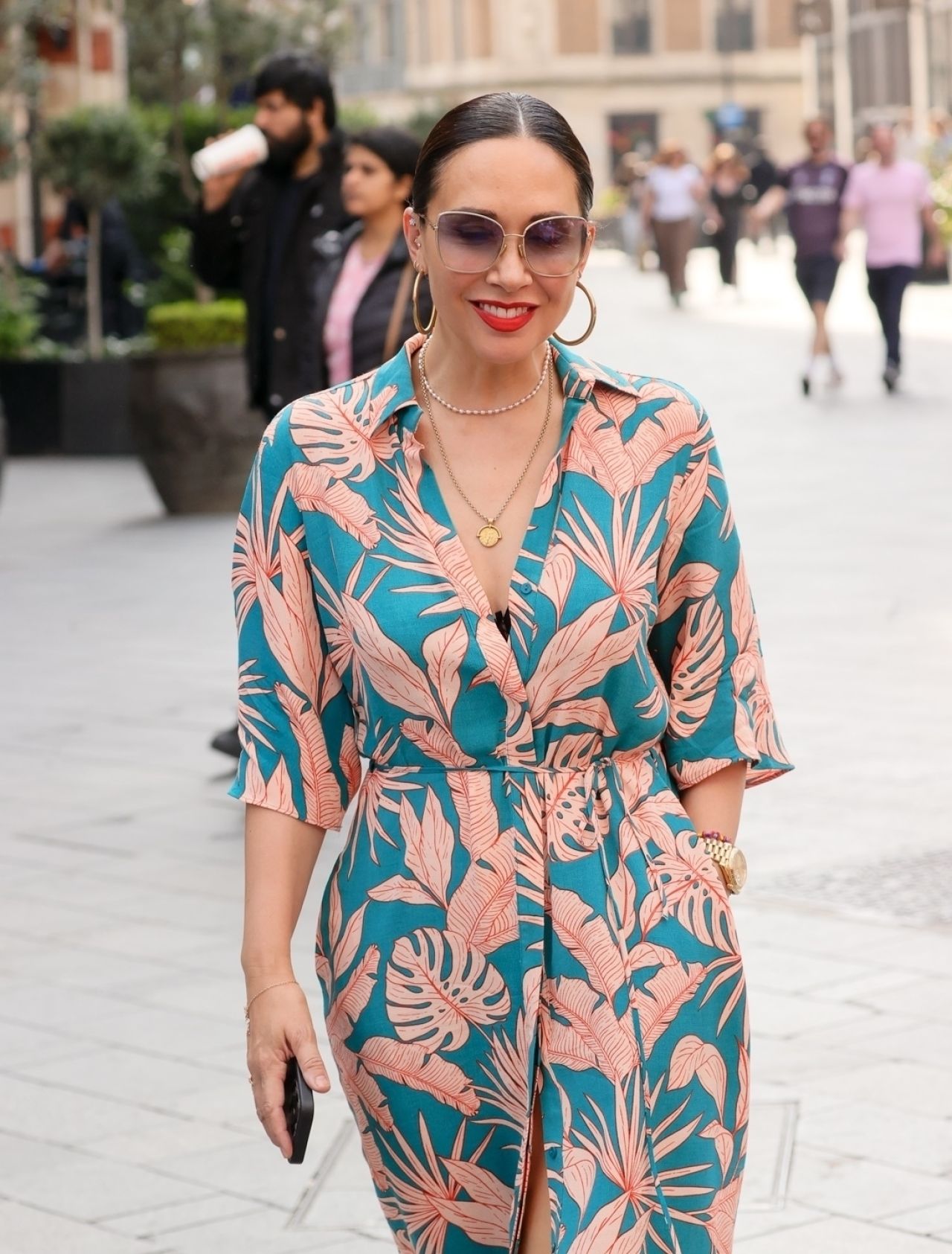 Myleene Klass Wearing a Floral Dress and Sandals in London4